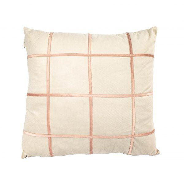 ALMOFADA VELUDO CINZA COM DETALHE ROSÉ QUADRICULADO