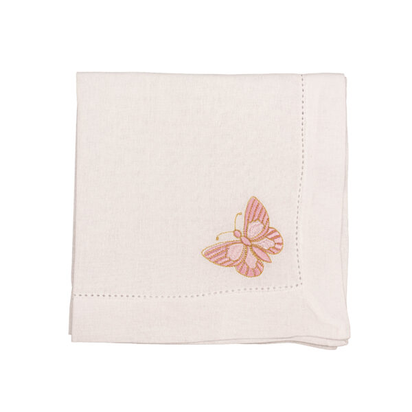 JOGO DE GUARDANAPO LINHO BRANCO-BORBOLETA ROSA